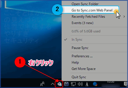 システムトレイからウェブパネルへ飛ぶ