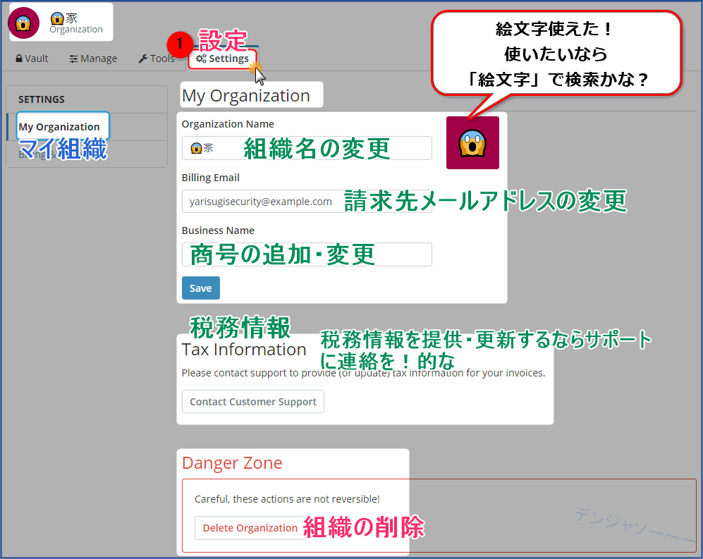 組織名の変更や削除ができる