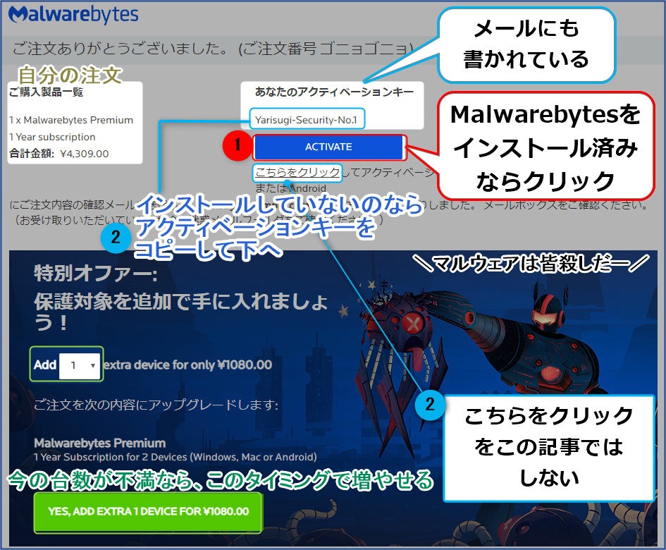 注文確定画面。とりあえずキーをコピー